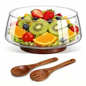 lot 19760 image: TITINICE Glass Salad Bowl with Acacia Wood Base & Serving Set, 121 oz (Wooden Utensils Not Included)