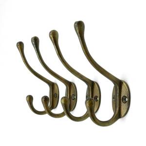 lot 20302 image: Craftsman Road Cast Iron Wall Hooks Antique Brass Set of 4 Classic Slender