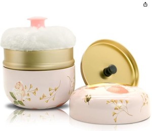 lot 2010 image: Pink Floral Round Metal Tin Canister with Inner Lid and Powder Puff