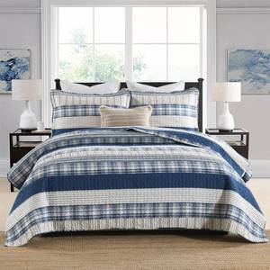 lot 1020 image: Homzard Queen Comforter Set Blue White Tan Striped 100% Cotton 3 Pieces