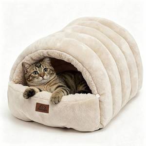 lot 1925 image: Noocyarn Covered Cat Bed Cave 2-in-1 Enclosed Beige