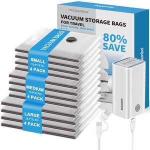 lot 1956 image: Mapambo 12 Pack Vacuum Seal Bags for Clothing Travel with 60000Pa USB Pump