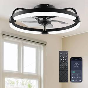 lot 1960 image: Ensenior 20 Inch Flush Mount Ceiling Fan with LED Light Black