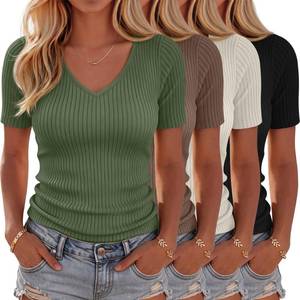 lot 1963 image: Neer Womens V Neck Cotton Ribbed T-Shirts 4 Pack Slim Fit XL
