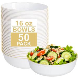 lot 1981 image: Disposable Plastic Soup Bowls 16 oz White with Gold Rim 50 Pack