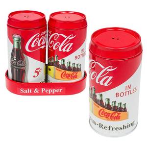 lot 2145 image: The Tin Box Company Coca Cola Salt and Pepper Shaker Set with Metal Caddy