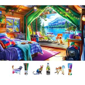 lot 2155 image: PuzzOne 500 Piece Jigsaw Puzzle Lake View Cabin Camping