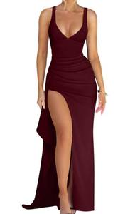 lot 2182 image: Memoriesea Womens Plunge Neckline Bodycon Maxi Dress Burgundy Ruched High Slit - SIZE SMALL