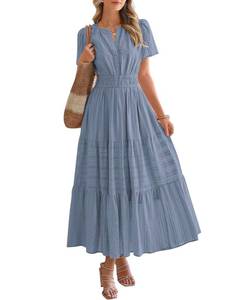 lot 2267 image: BTFBM Womens Maxi Dress Short Sleeve V Neck Tiered Ruffle Boho Lightweight - SIZE L