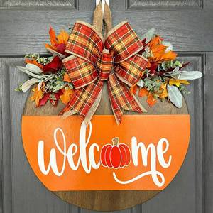 lot 2282 image: ULIOMU Fall Door Sign 12 Inch Round Wooden Welcome Hanger with Pumpkin Design