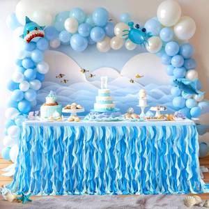 lot 2291 image: PARTISKY Ocean Blue Tulle Curly Willow Table Skirt 6 Ft Rectangle Table