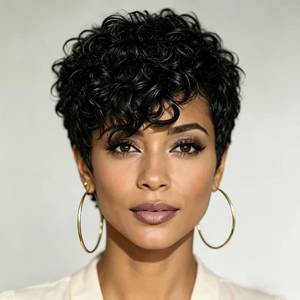 lot 2329 image: SisBroSis Pixie Cut Curly Human Hair Wig with Bangs, Glueless, 1B99J