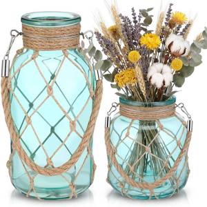 lot 5739 image: Acellegic Coastal Glass Vase Set of 2 Light Blue with Rope