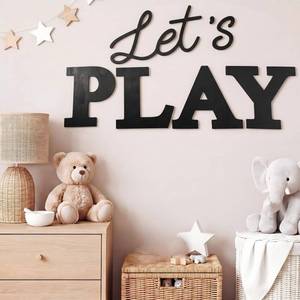 lot 5740 image: Kigley Wooden Nursery Playroom Wall Sign Lets Play Black 17 Inch