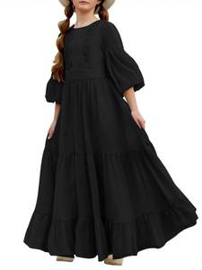 lot 6147 image: Batermoon Girls Boho Maxi Dress 34 Sleeve V-Back Lace Flower Tiered Ruffle, Size 8