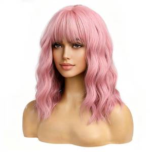 lot 6265 image: BERON Pink Short Curly Synthetic Wig With Bangs 14 Inch