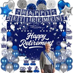 lot 6284 image: Toosci Retirement Party Decorations Blue Silver Happy Banner
