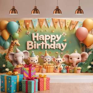 lot 6365 image: Ptrxobj 7X5FT Jungle Animal Safari Zoo Photography Backdrop Birthday Banner