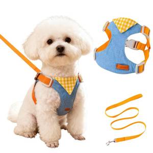lot 6380 image: GRHOSE Small Dog Harness and Leash Set Adjustable Denim Vest Orange Size S