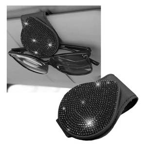 lot 8121 image: KVAEY Magnetic Leather Car Visor Sunglass Holder with Rhinestones, Black
