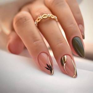 lot 8159 image: CTTHNBD Almond Press On Nails Medium Dark Green Gold Line Design 24 Pcs