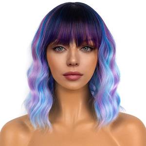lot 8161 image: LANCAINI Short Bob Wig with Bangs Wavy Synthetic Cosplay Wig Colourful-1