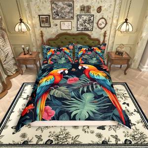 lot 9266 image: Manfei Tropical Birds Duvet Cover Queen Size 3 Pcs,Jungle Parrot Bird Wild Animal Bedding Set Comforter Cover(No Filler),Green Palm Leaves Nature Botanical Quilt Cover with 2 Pillows