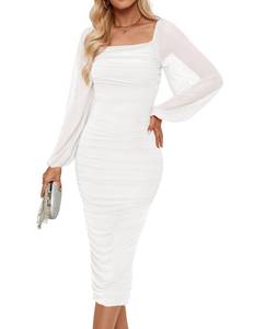lot 9267 image: ZESICA Womens Sexy Ruched Bodycon Midi Dress Long Puff Sleeve Square Neck Backless Cocktail Party Wedding Dresses,White,Small