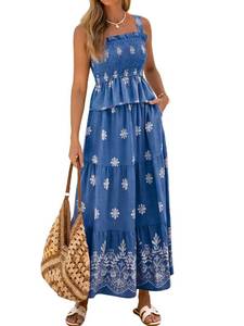 lot 10324 image: Glamaker Womens 2 Piece Skirt Sets Summer Boho Floral Smocked Ruffle Hem Tank tops Maxi Skirts With Pockets Vacation Outfits Blue White S