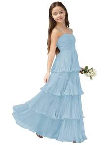 lot 10327 image: Heineyo Sky Blue Chiffon Flower Girl Dress Girls Puffle Pleated Long First Communion Gown Wedding A-Line Tiered Junior Bridesmaid Dresses 8
