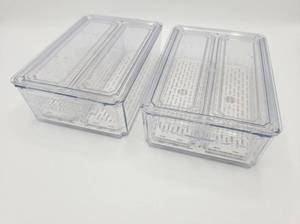 lot 11118 image: Set of 2 Clear Stackable Refrigerator Drawer Organizers w Lids & Vented Trays