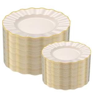 lot 13363 image: ISFANGCO Ivory White Plastic Dinner & Dessert Plates Gold Trim 102 Pcs Set