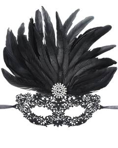 lot 14153 image: Zinniday Black Feather Lace Venetian Masquerade Mask with Rhinestones