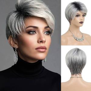lot 14162 image: SEVENCOLORS Short Gray Pixie Cut Wig Ombre with Dark Roots Synthetic Hair
