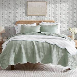 lot 17574 image: WDCOZY Sage Green King Size Quilt Bedding Set Scalloped Coverlet Pick Stitch