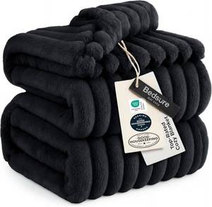 lot 17578 image: Bedsure Queen Size Striped Flannel Fleece Blanket Black 90 x 90 Inch