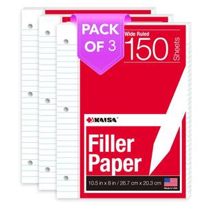 lot 18301 image: KAISA Filler Paper Wide Ruled 8x10.5 3-Hole Punched 150 Sheets 3-Pack F15001W