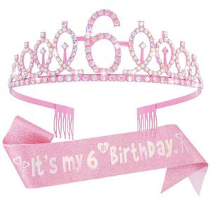 lot 18327 image: Canitor 6th Birthday Girl Crown Tiara and Glitter Sash Set
