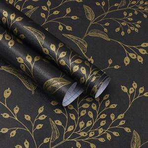 lot 18342 image: Heroad Black Gold Floral Peel and Stick Wallpaper 17.3 x 118 Inch