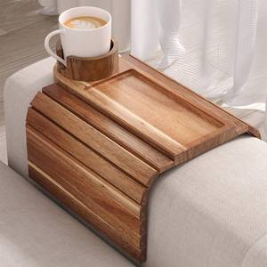 lot 19769 image: Fibogollo Acacia Wood Foldable Sofa Arm Tray With Round Cup Holder
