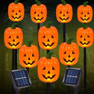 lot 19776 image: BRIGHTDECK Halloween Pumpkin Solar Stake Lights, Set of 10, Waterproof