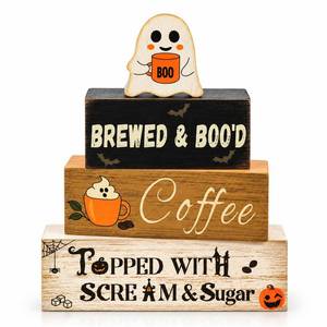 lot 20124 image: Hekocap Halloween Table Decor 4 Piece Wooden Ghost Coffee Bar Set