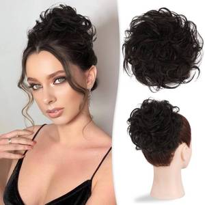 lot 20358 image: RUWISS Messy Bun Hairpiece 100% Human Hair Layered Wavy Curly Brown Black