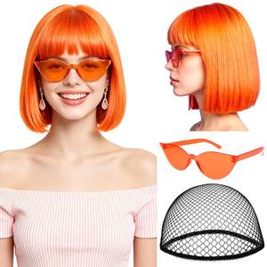 lot 20419 image: Lavwix Short Bob Straight Wig with Bangs Heat Resistant Fiber Orange