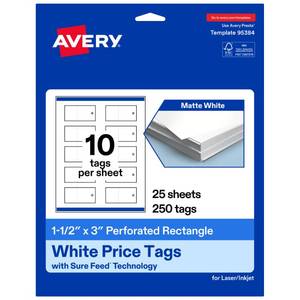 lot 20467 image: Avery Printable Perforated Price Tags, 1-12 x 3, Matte White, 250 Count