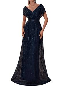 lot 20493 image: Generic Womens Sequin V-Neck Short Sleeve A-Line Evening Dress Navy XL