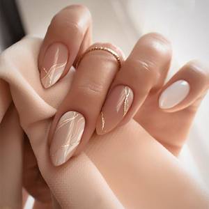 lot 20495 image: CTTHNBD Press On Nails Almond Medium White Gold Line Design 24 Pcs