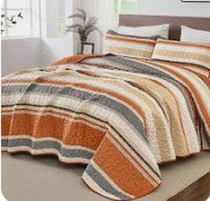 lot 17572 image: Reversible Quilted Bedding Set Rust Orange Striped Pattern w Pillow Sham - Stock image may not match actual product images, King
