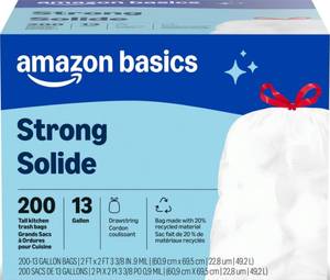 lot 1083 image: Amazon Basics Tall Kitchen Drawstring Trash Bags, 13 Gallon, 200 Count