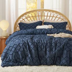 lot 1098 image: Bedsure Boho Tufted Navy Comforter Set, Full, 82 x 86 In